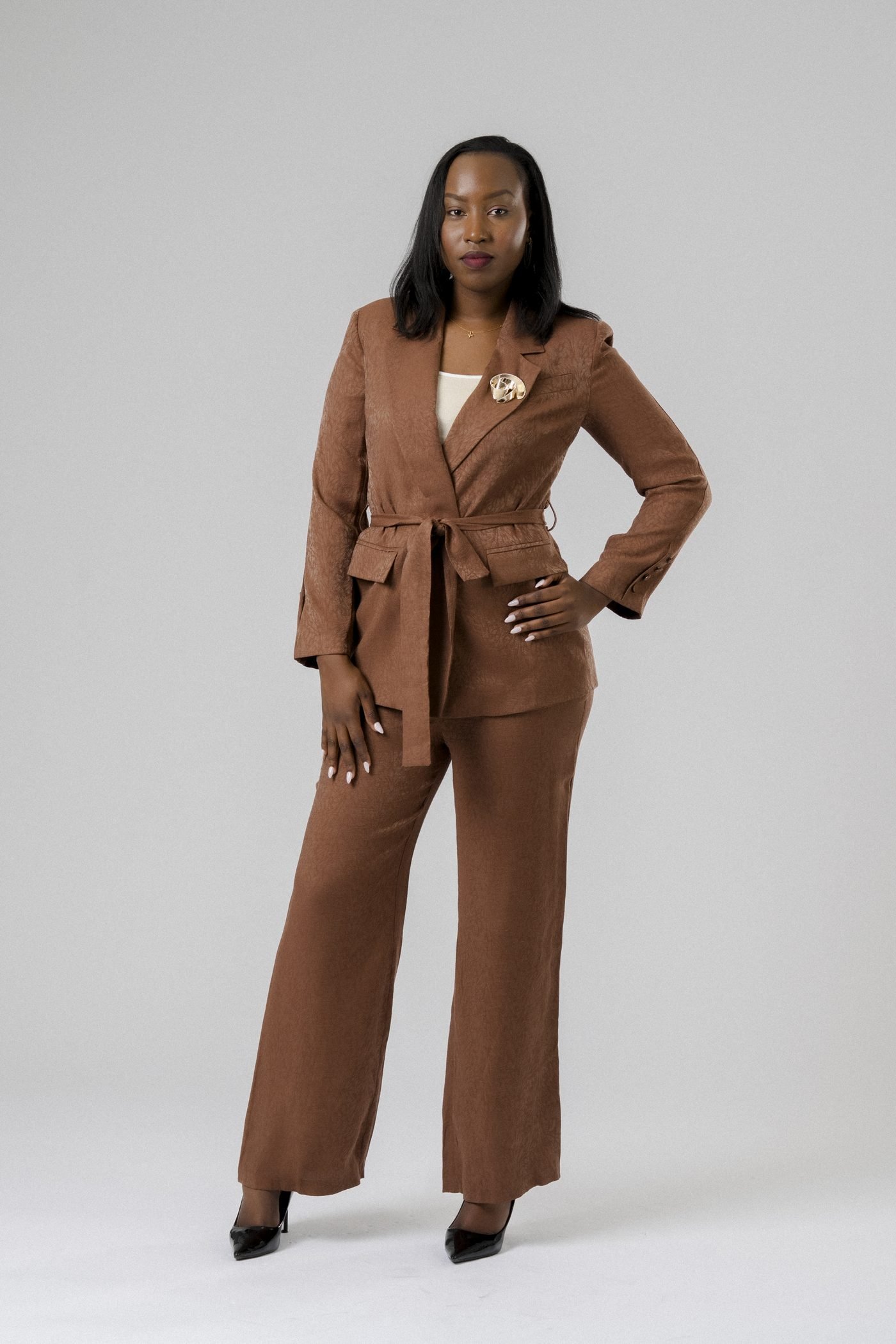 Modern Belted Suit in Brown